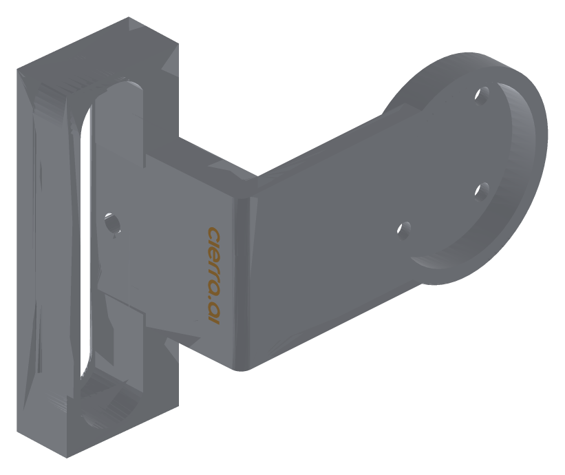 3D-Ansicht eines individuell konstruierten Roboterarm-Flansches mit integriertem Kameragehäuse und eingravierter cierra.ai-Signatur.